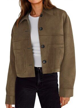 Women Dark Brown Long Sleeve Cropped Faux Suede Leather Jacket Lapel Trench Coat